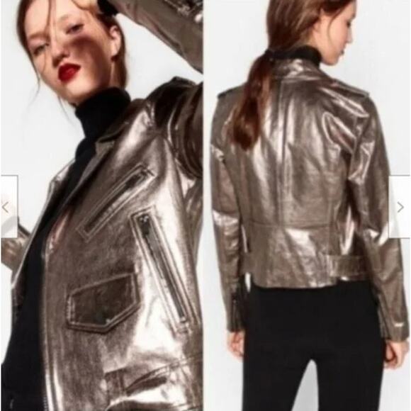 ZARA Genuine Leather Jacket Silver Metallic Belted Moto Biker Jacket - Picture 16 of 16